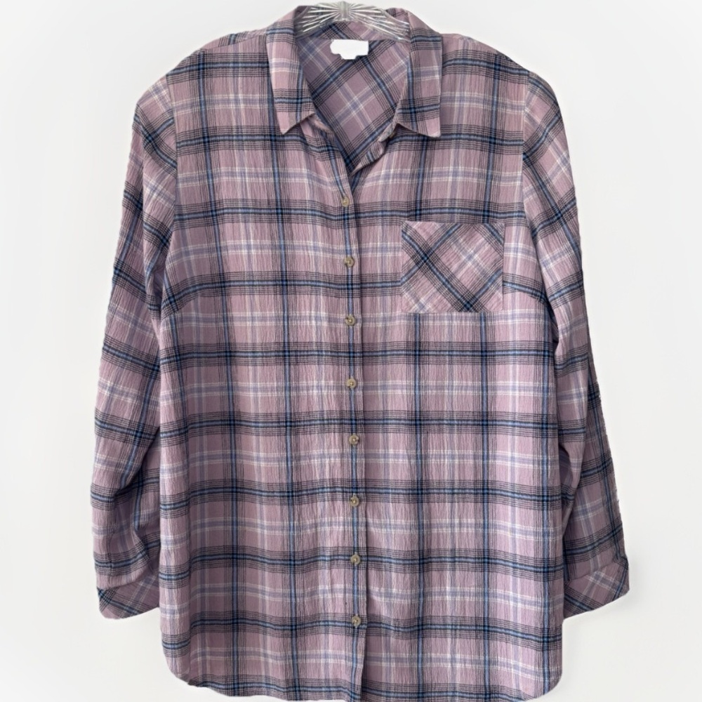J. Jill Women's Lilac Gauze Plaid Blouse Tunic Size Large Long Sleeve Button Up